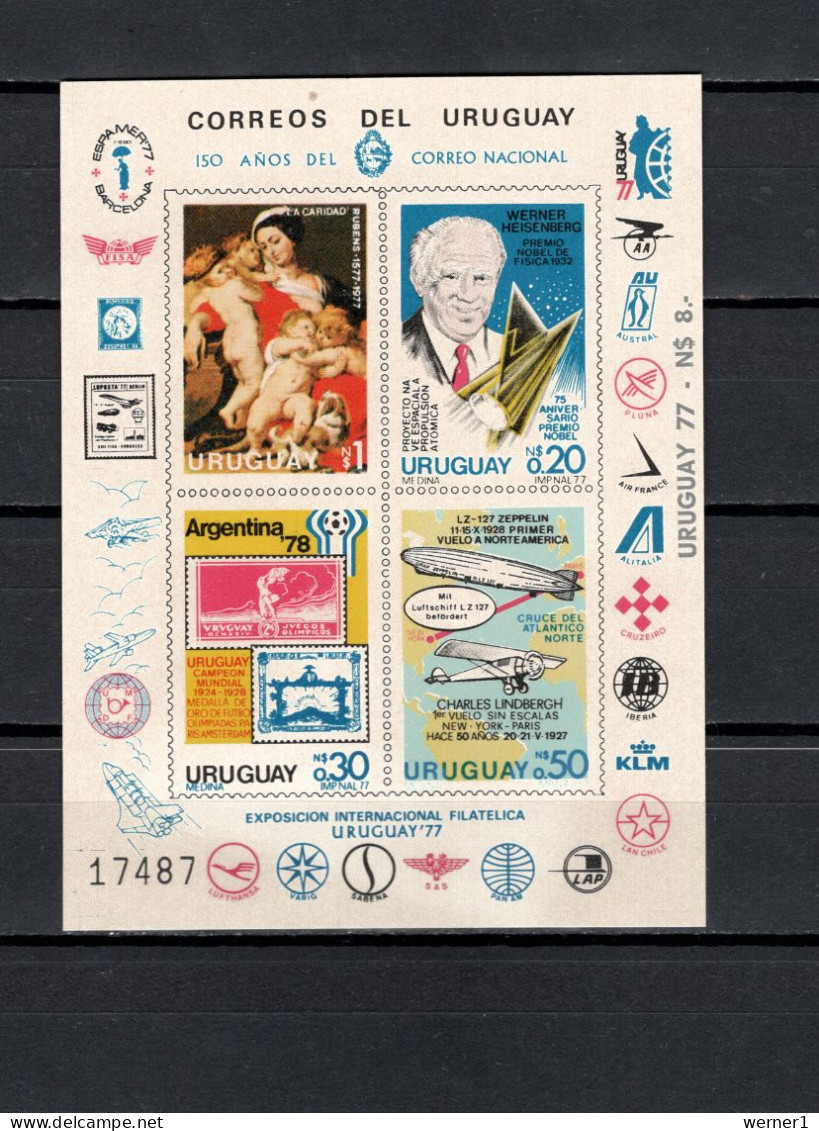 Uruguay 1977 Space, Werner Heisenberg, Football Soccer World Cup, Zeppelin, Rubens S/s Imperf. "UREXPO 77" MNH - Südamerika