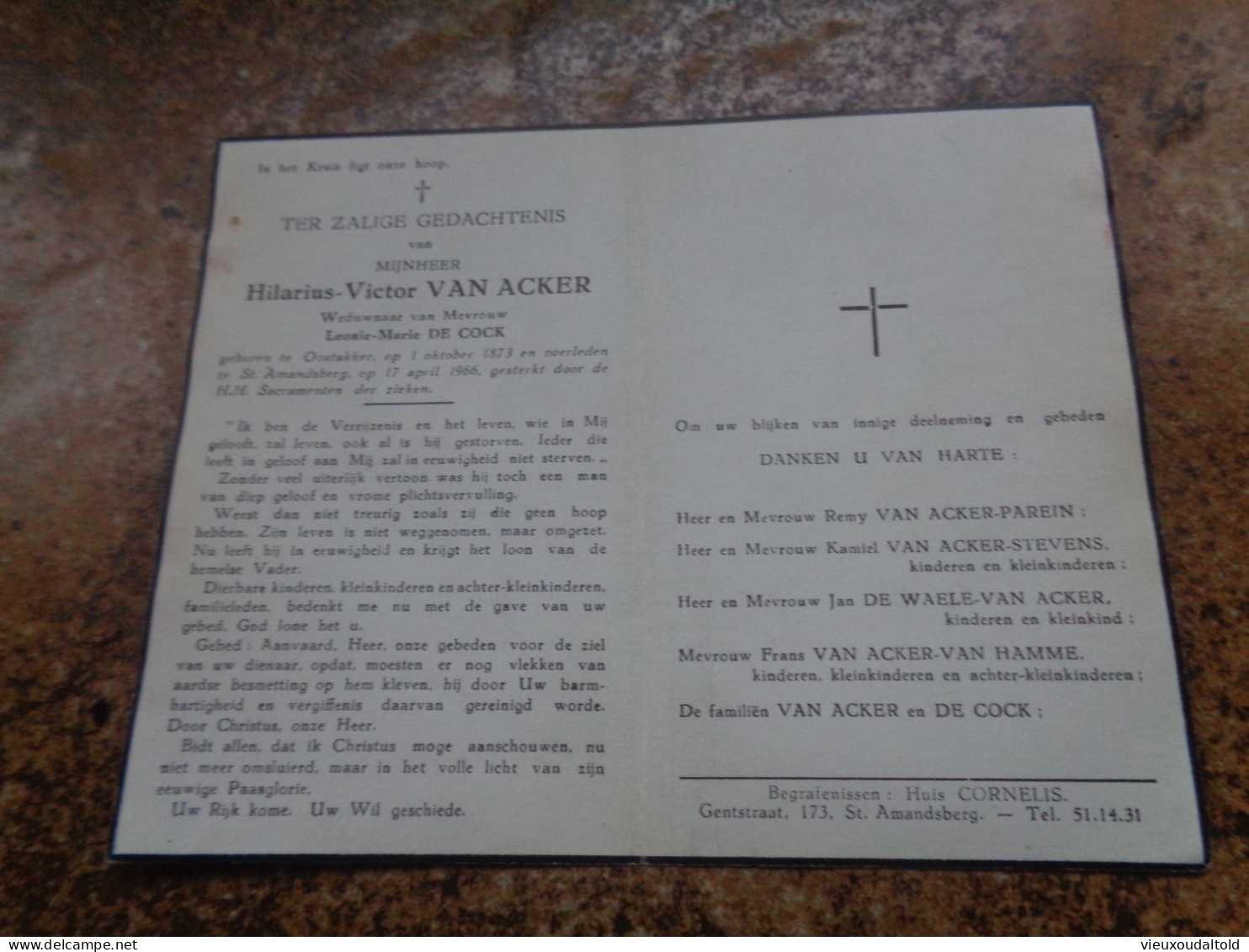 Doodsprentje/Bidprentje  Hilarius-Victor VAN ACKER   Oostakker 1873-1966 St Amandsberg  (Wdr Leonie-Marie DE COCK) - Other & Unclassified