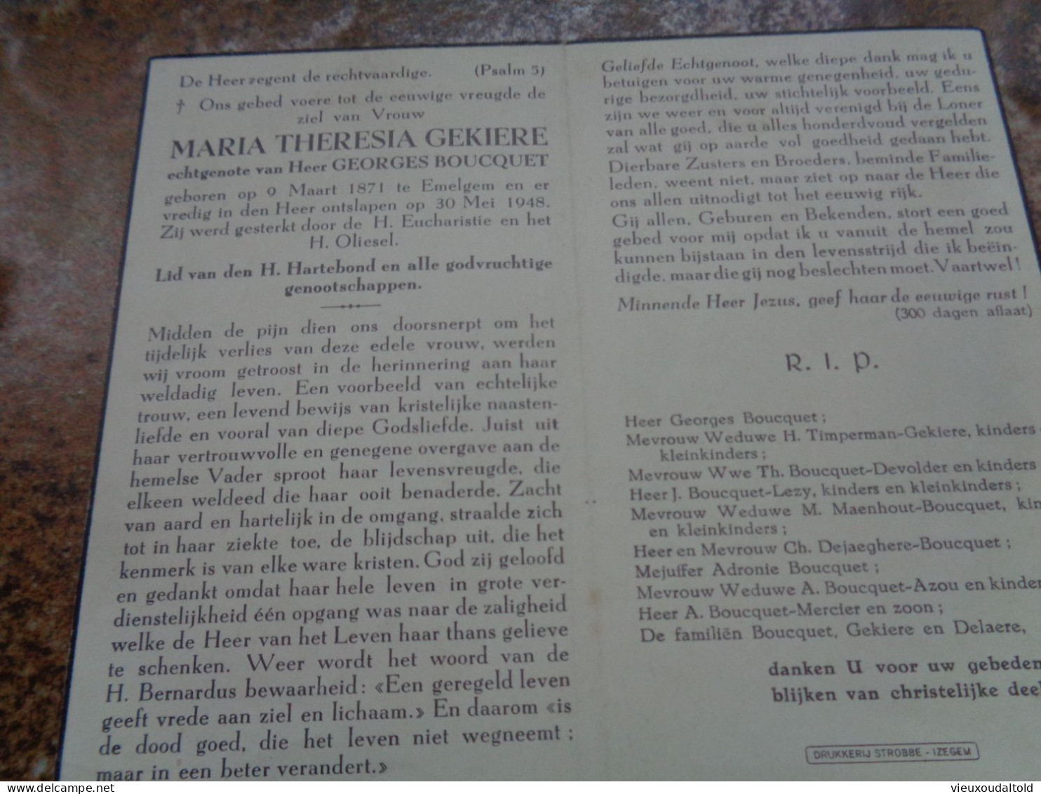 Doodsprentje/Bidprentje  MARIE THERESIA GEKIERE   Emelgem 1871-1948  (Echtg Georges BOUCQUET) - Other & Unclassified