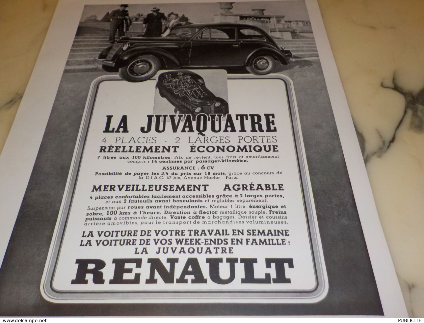 ANCIENNE PUBLICITE MERVEILLEUSE VOITURE  JUVAQUATRE  RENAULT  1938 - Publicidad