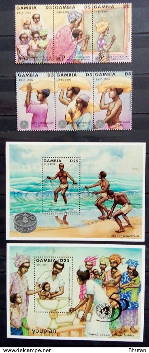 Gambia 1995, 50 Years Of UNO And FAO, Two MNH S/S And Two Stamp Strips - Gambia (1965-...)