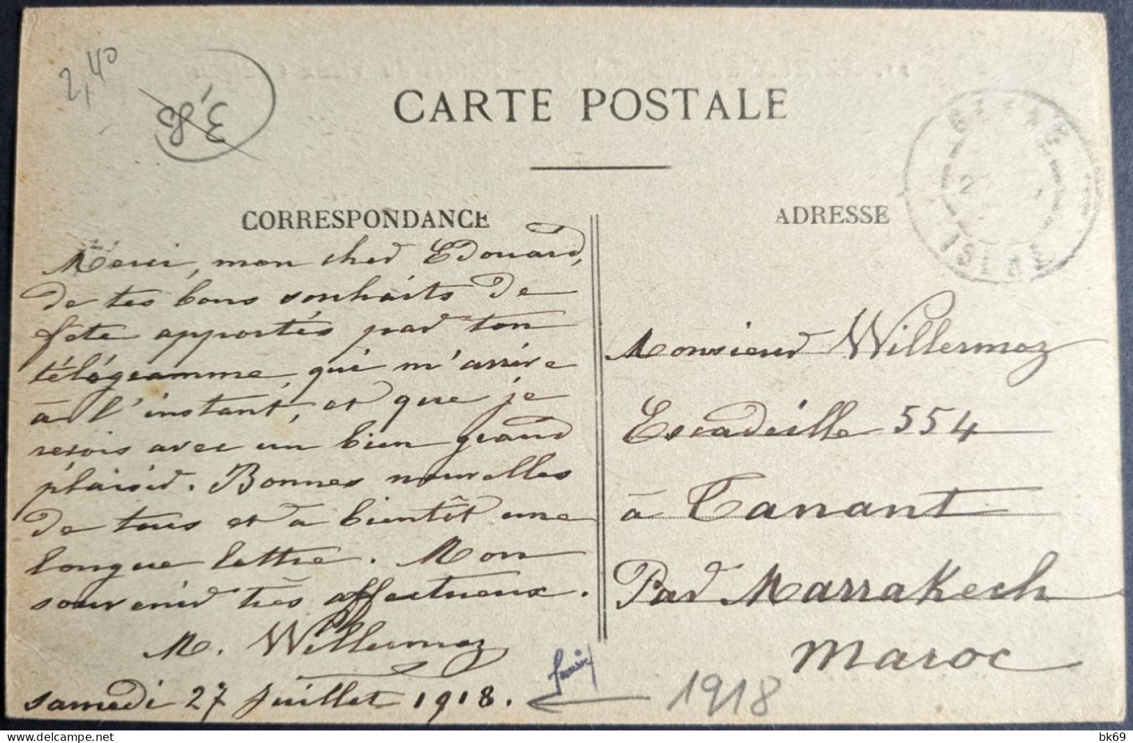 Postes Aux Armées 5 -8-1918  Casablanca Sur CP Azieux-Genas - Altri & Non Classificati