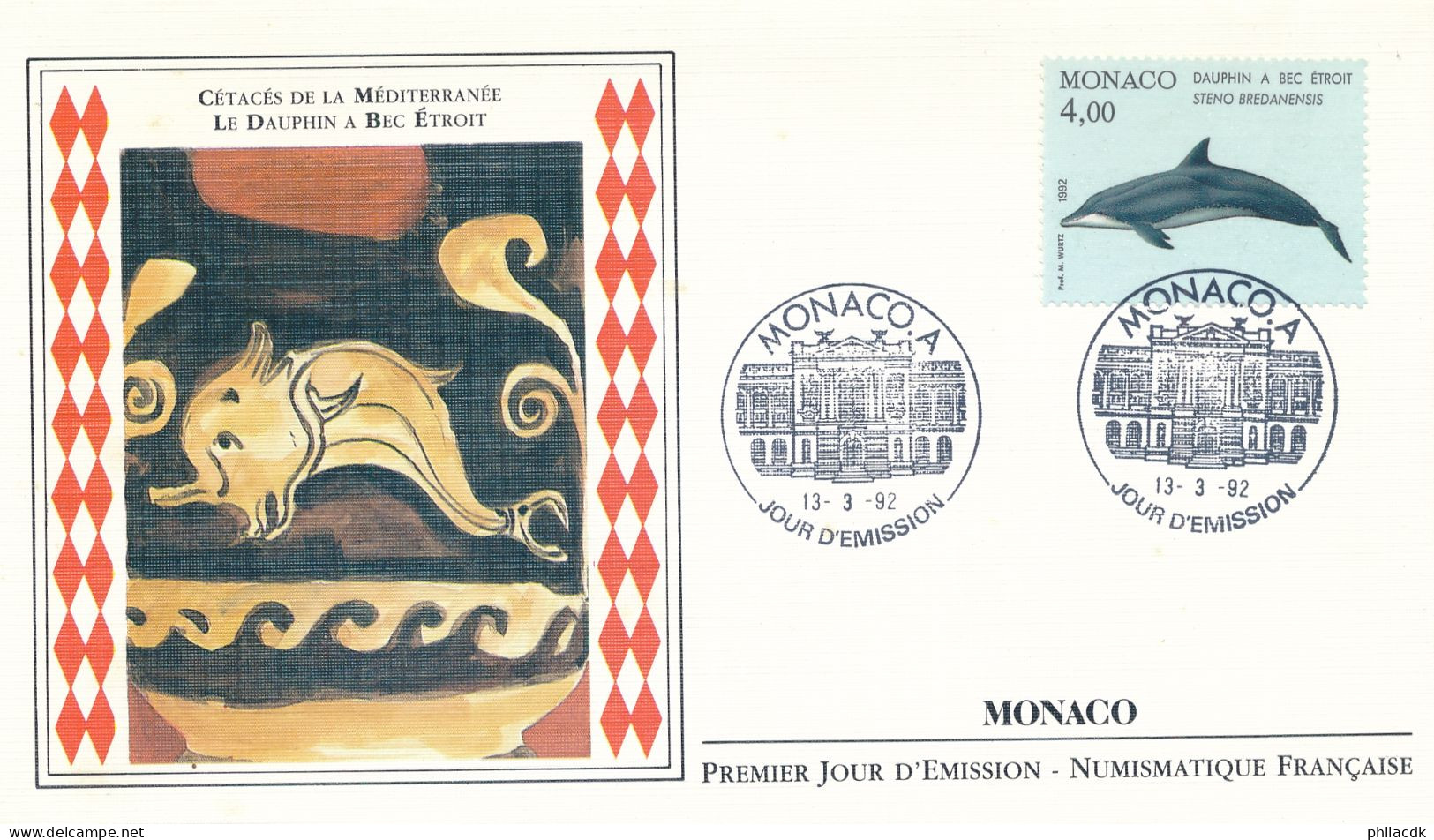 MONACO - ENVELOPPE PREMIER JOUR DU 13 MARS 1992 CETACES DE LA MEDITERRANEE LE DAUPHIN A BEC ETROIT - Dolfijnen