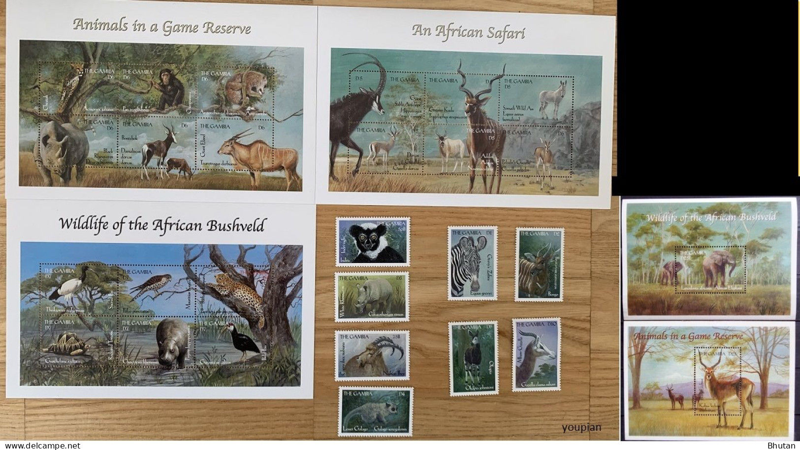 Gambia 2000, Animals In A Game Reserve & Wildlife Of The African Bushveld, Five MNH S/S And Stamps Set - Gambie (1965-...)