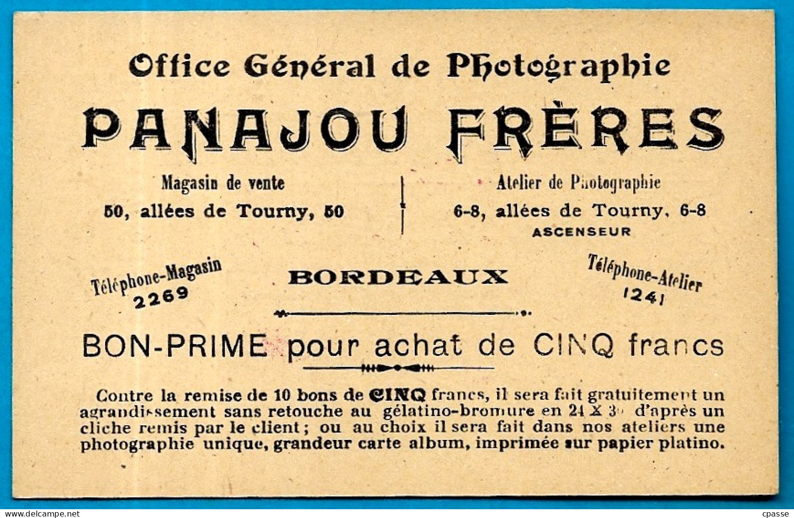 Bon-Prime Office Général De Photographie PANAJOU FRERES Allées De Tourny 33 BORDEAUX - Publicidad