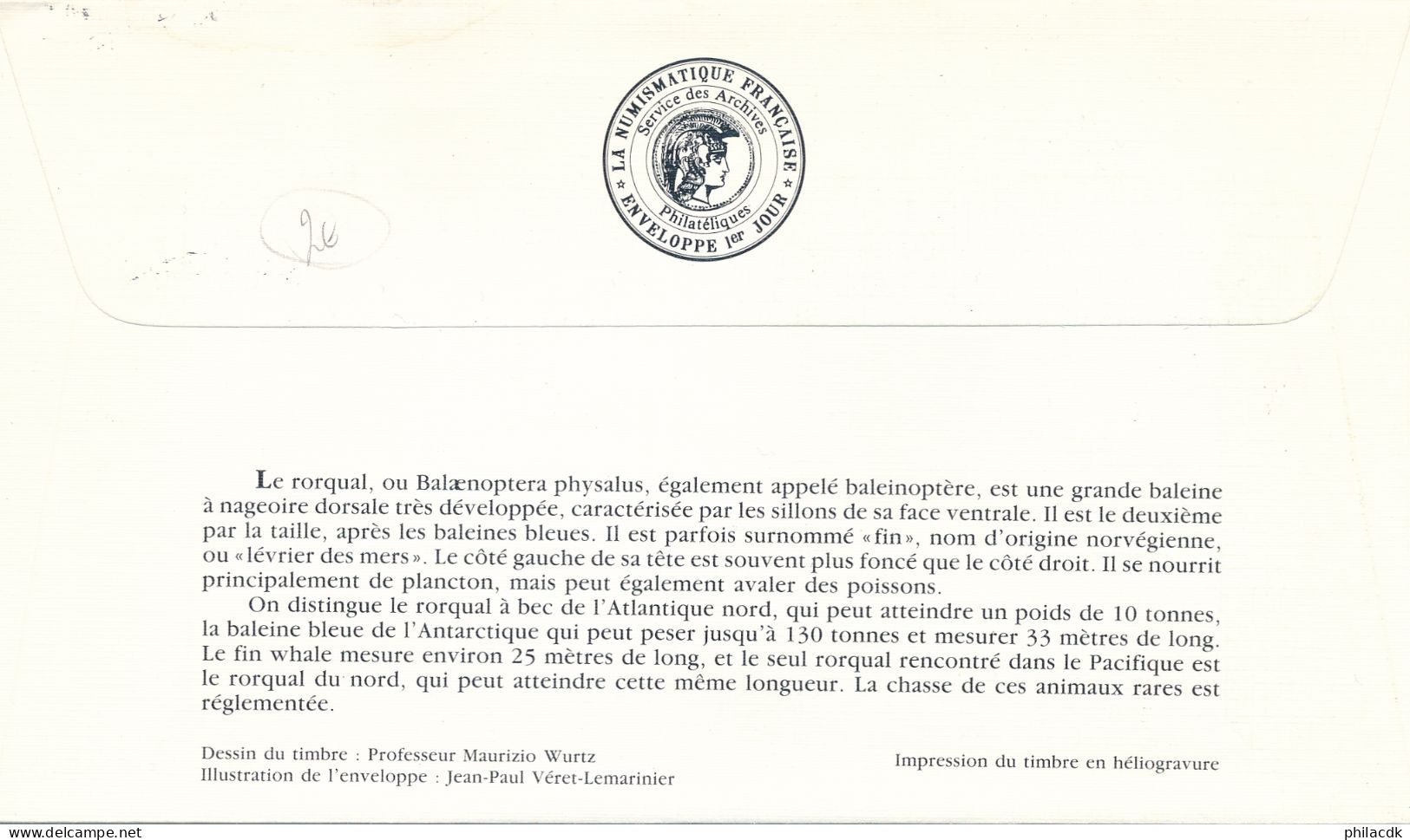 MONACO - ENVELOPPE PREMIER JOUR DU 15 FEVRIER 1993 CETACES DE LA MEDITERRANEE LE RORQUAL COMMUN - Otros & Sin Clasificación
