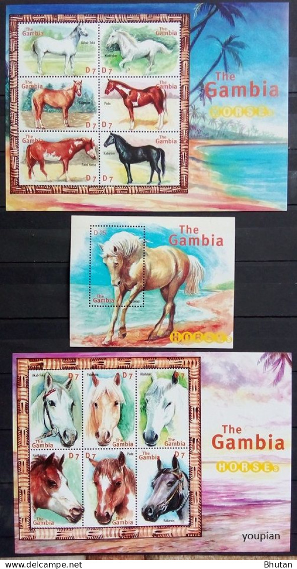 Gambia 2001, Horse Breeds, Three MNH S/S - Gambia (1965-...)