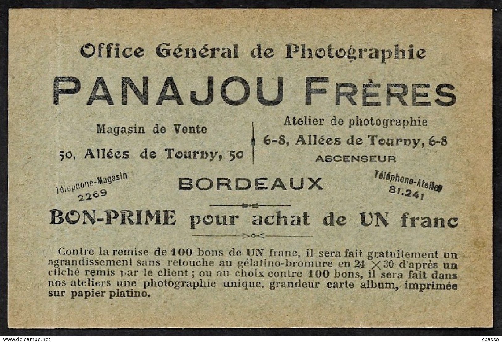 Bon-Prime Office Général De Photographie PANAJOU FRERES Allées De Tourny 33 BORDEAUX - Publicidad