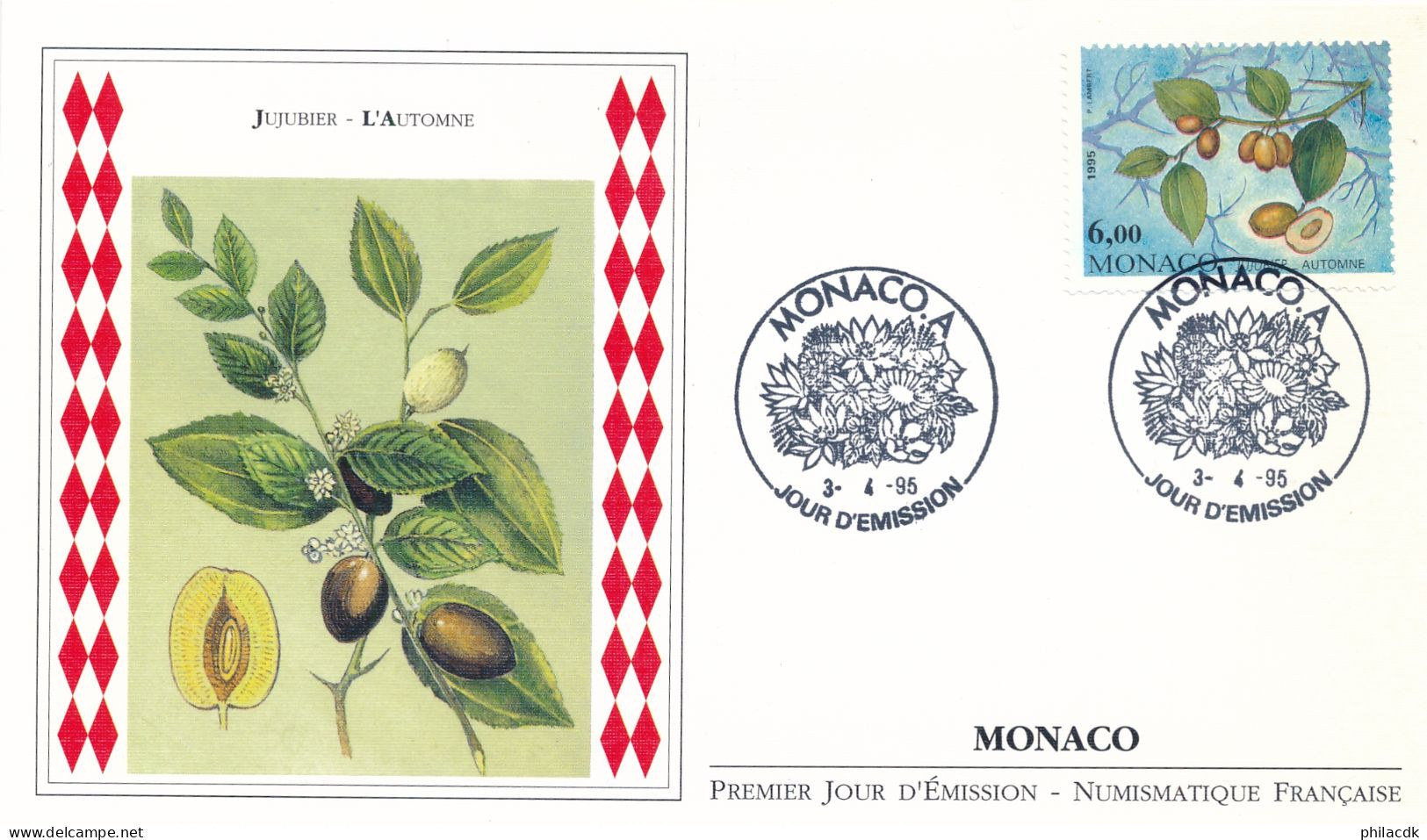 MONACO - ENVELOPPE PREMIER JOUR DU 3 AVRIL 1995 JUJUBIER L AUTOMNE - Sonstige & Ohne Zuordnung