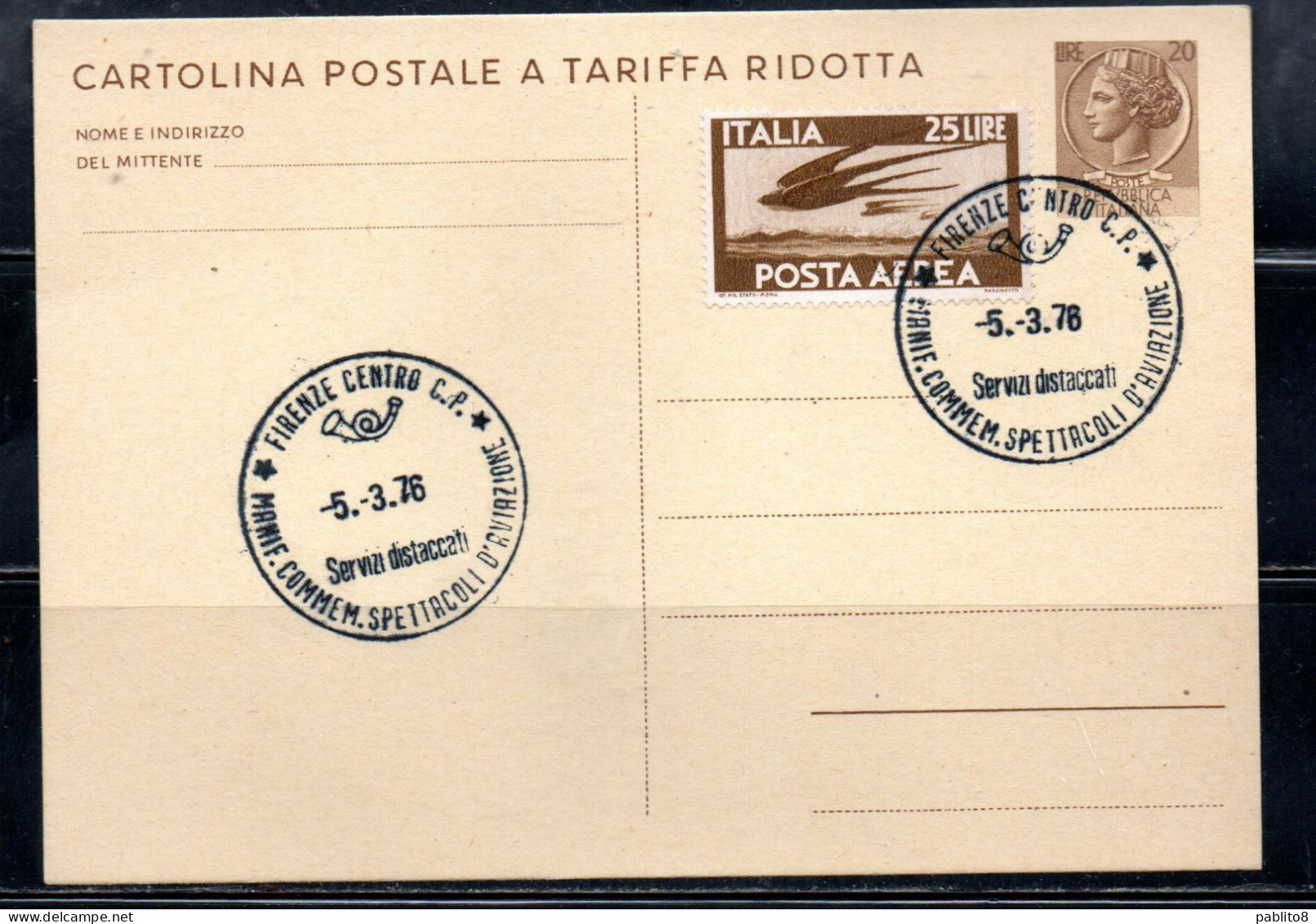 ITALIA REPUBBLICA ITALY REPUBLIC CARTOLINA POSTALE 5-3-1976 MANIFESTAZIONE COMMERCIALE SPETTACOLI DI AVIAZIONE VIAGGIATA - Interi Postali
