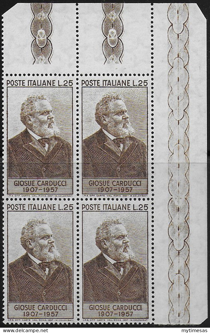 1957 Italia Carducci 65D Block Of Four MNH Sassone N. 819 - 1961-70: Neufs