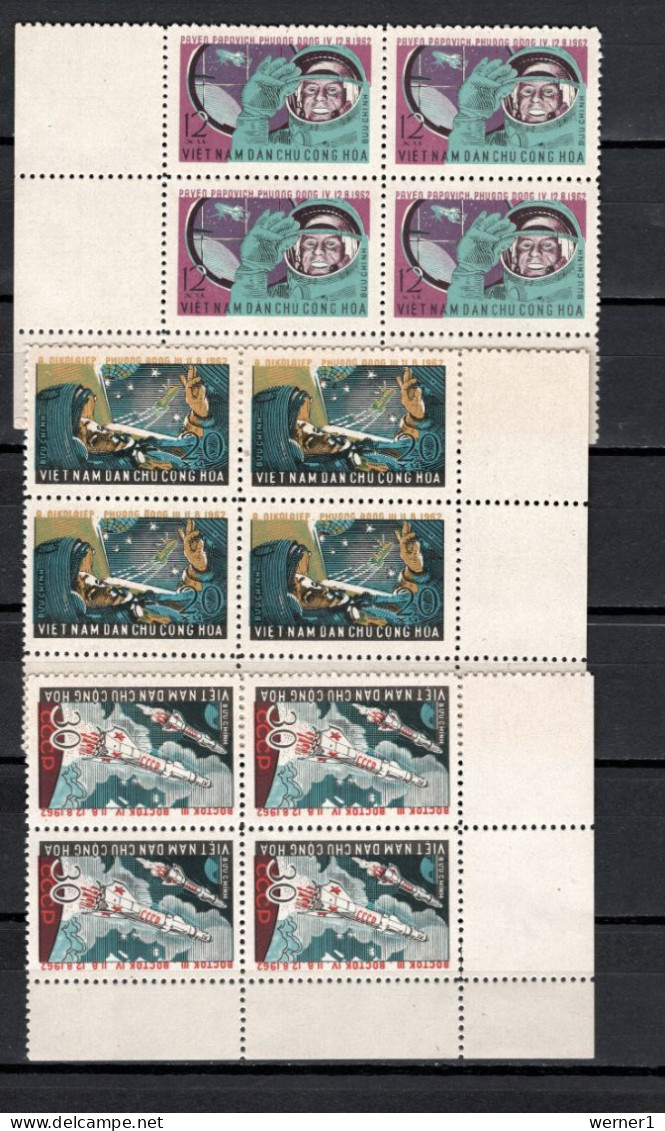 Vietnam 1962 Space, Vostok 3 And 4, Set Of 3 In Blocks Of 4 MNH - Asia