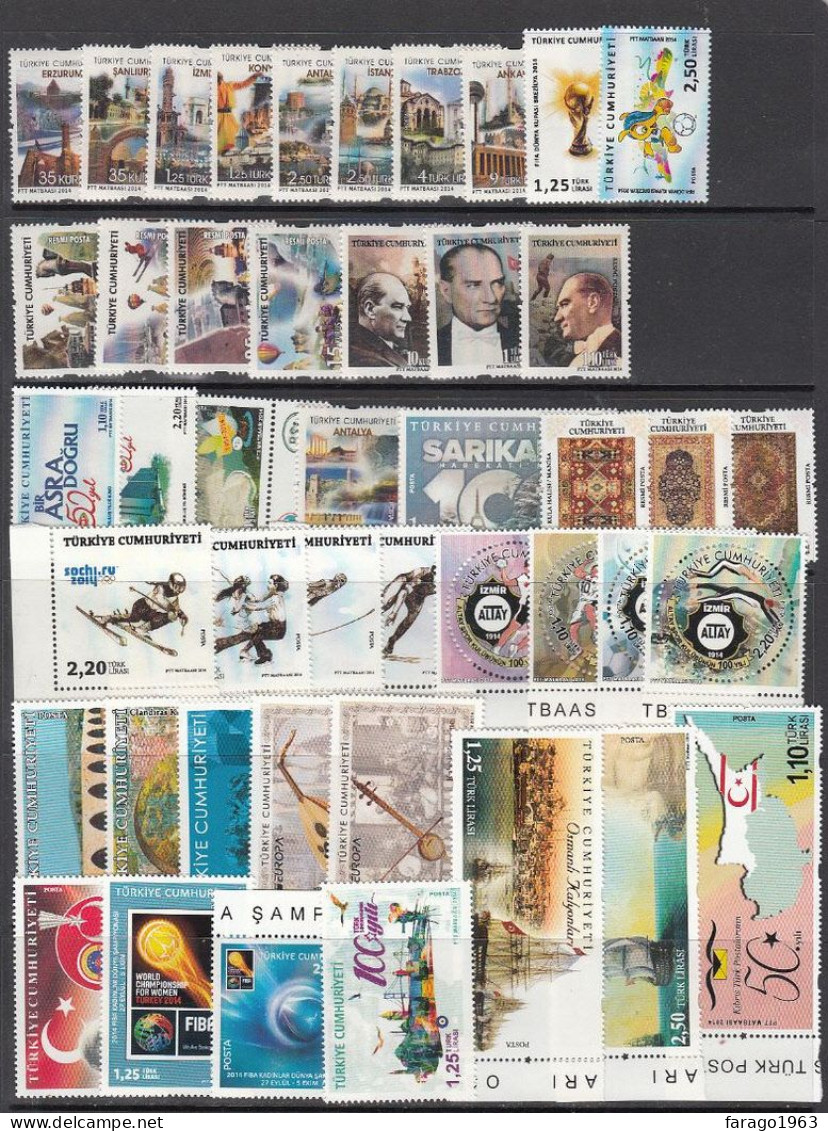 2014 Turkey Collection Of 45 Different Stamps + 6 Souvenir Sheets MNH - Ungebraucht