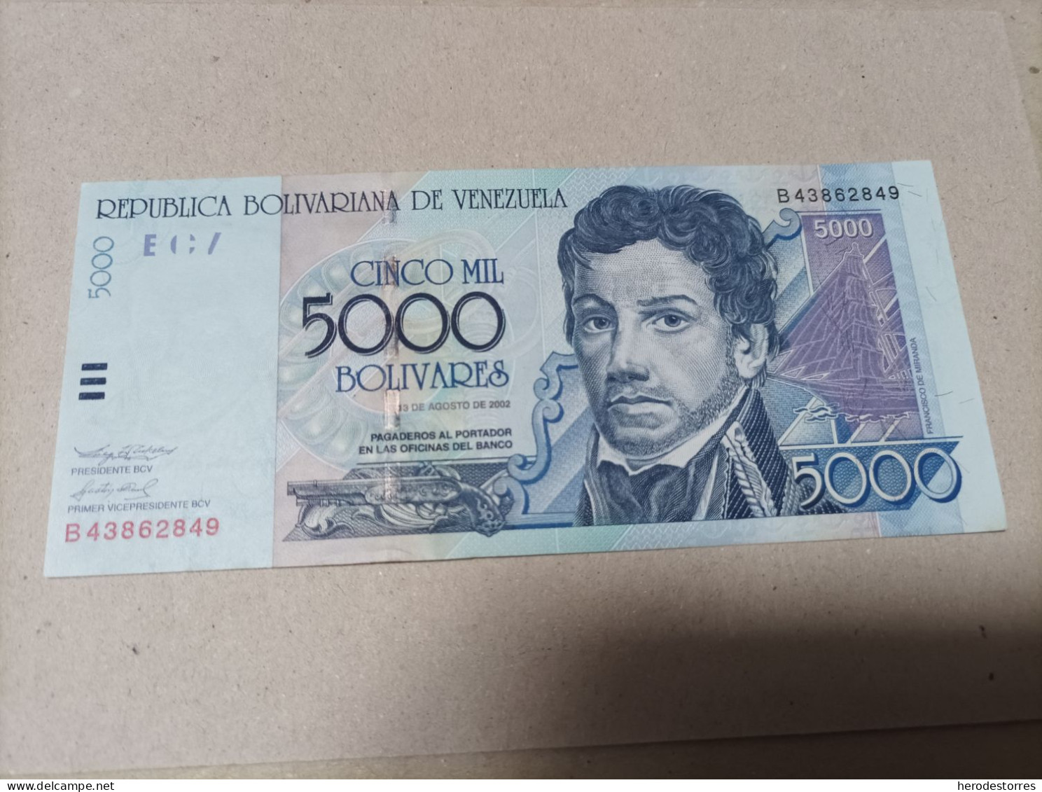 Billete Venezuela, 5000 Bolívares, Año 2002, UNC - Venezuela