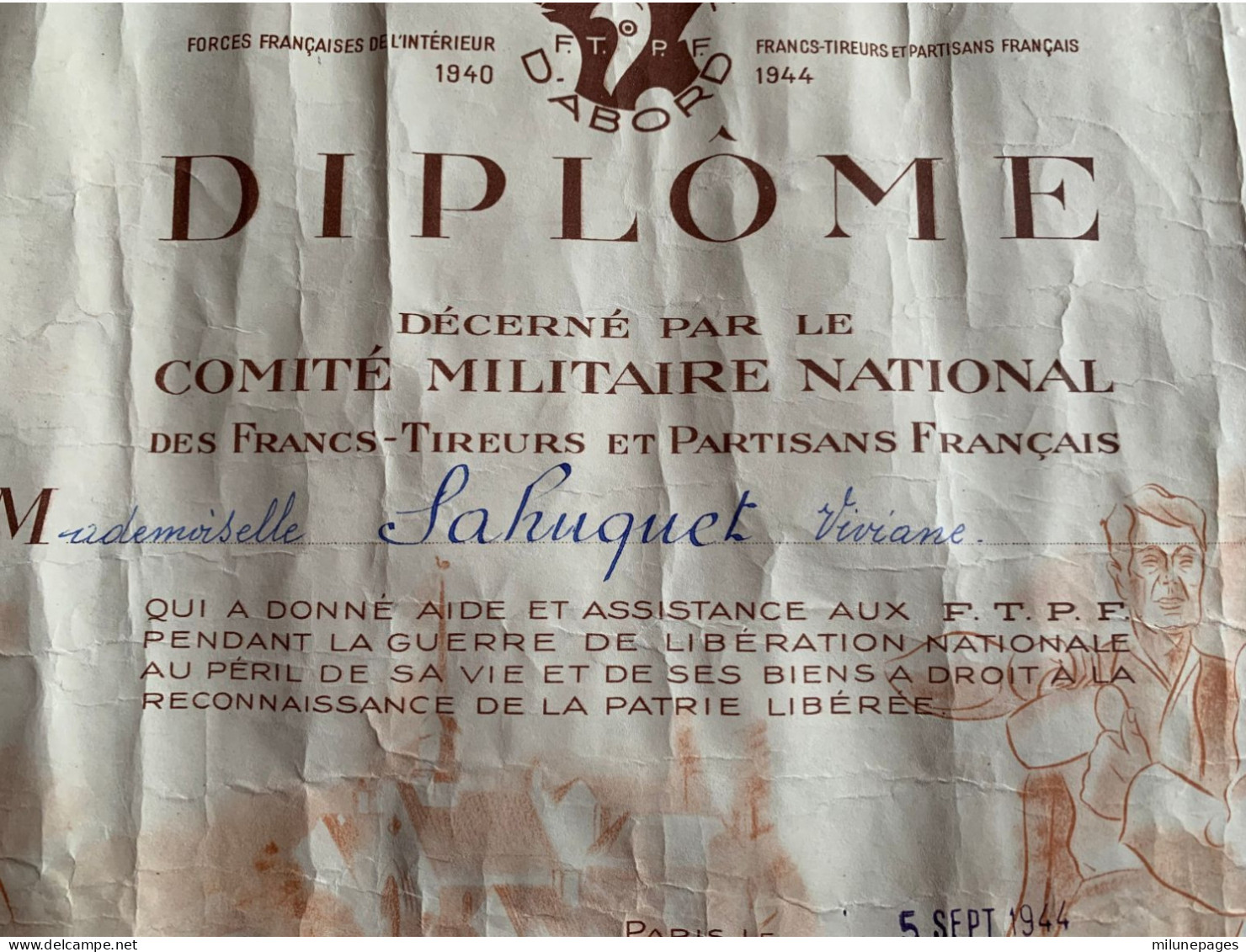 Comité Militaire National Diplome De Reconnaissance Aide Et Assistance Aux Résistants F.T.P.F. 1944 Pour Une Demoiselle - 1939-45