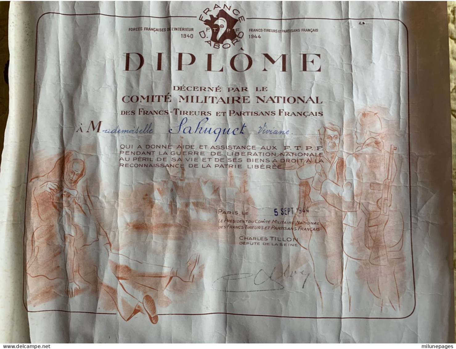 Comité Militaire National Diplome De Reconnaissance Aide Et Assistance Aux Résistants F.T.P.F. 1944 Pour Une Demoiselle - 1939-45