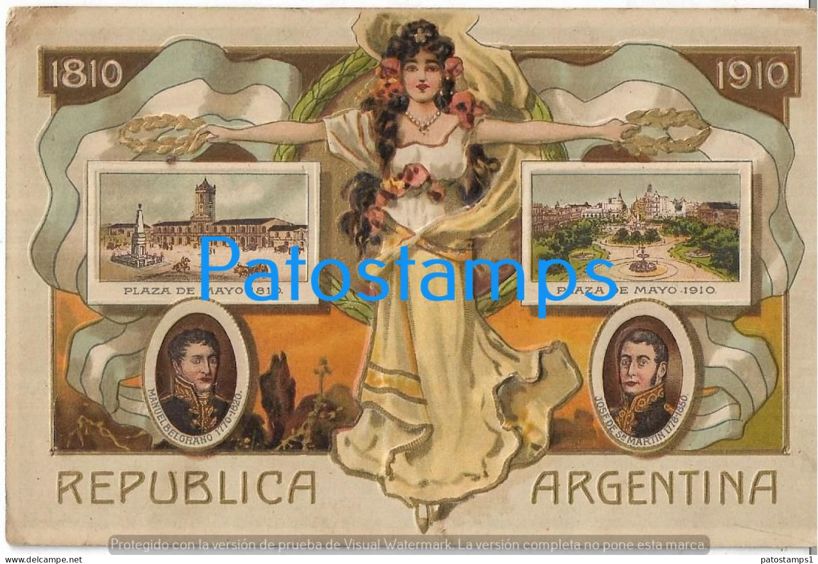 227156 ARGENTINA BUENOS AIRES PLAZA DE MAYO ART EMBOSSED CENTENARIO BELGRANO & SAN MARTIN POSTAL POSTCARD - Argentinien