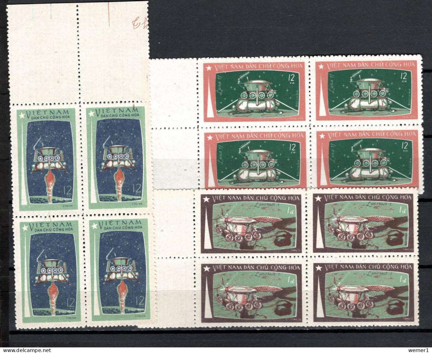 Vietnam 1971 Space, Lunochod Set Of 3 In Blocks Of 4 MNH - Asia