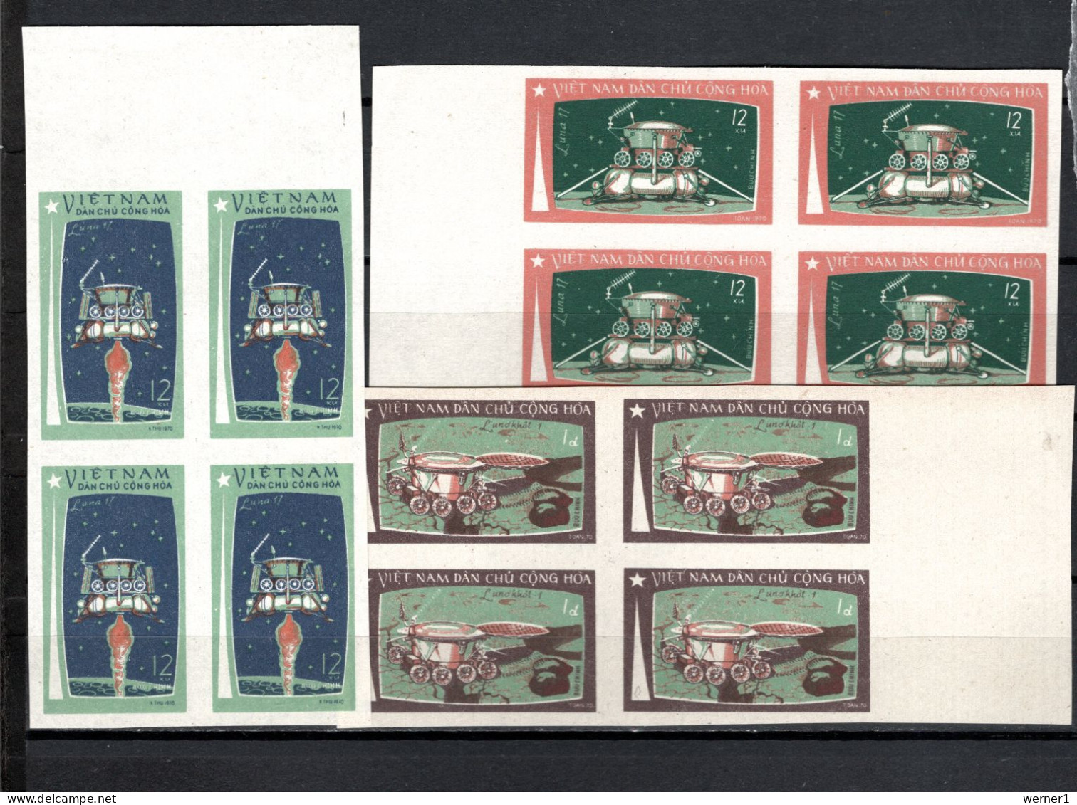 Vietnam 1971 Space, Lunochod Set Of 3 In Blocks Of 4 Imperf. MNH - Asien