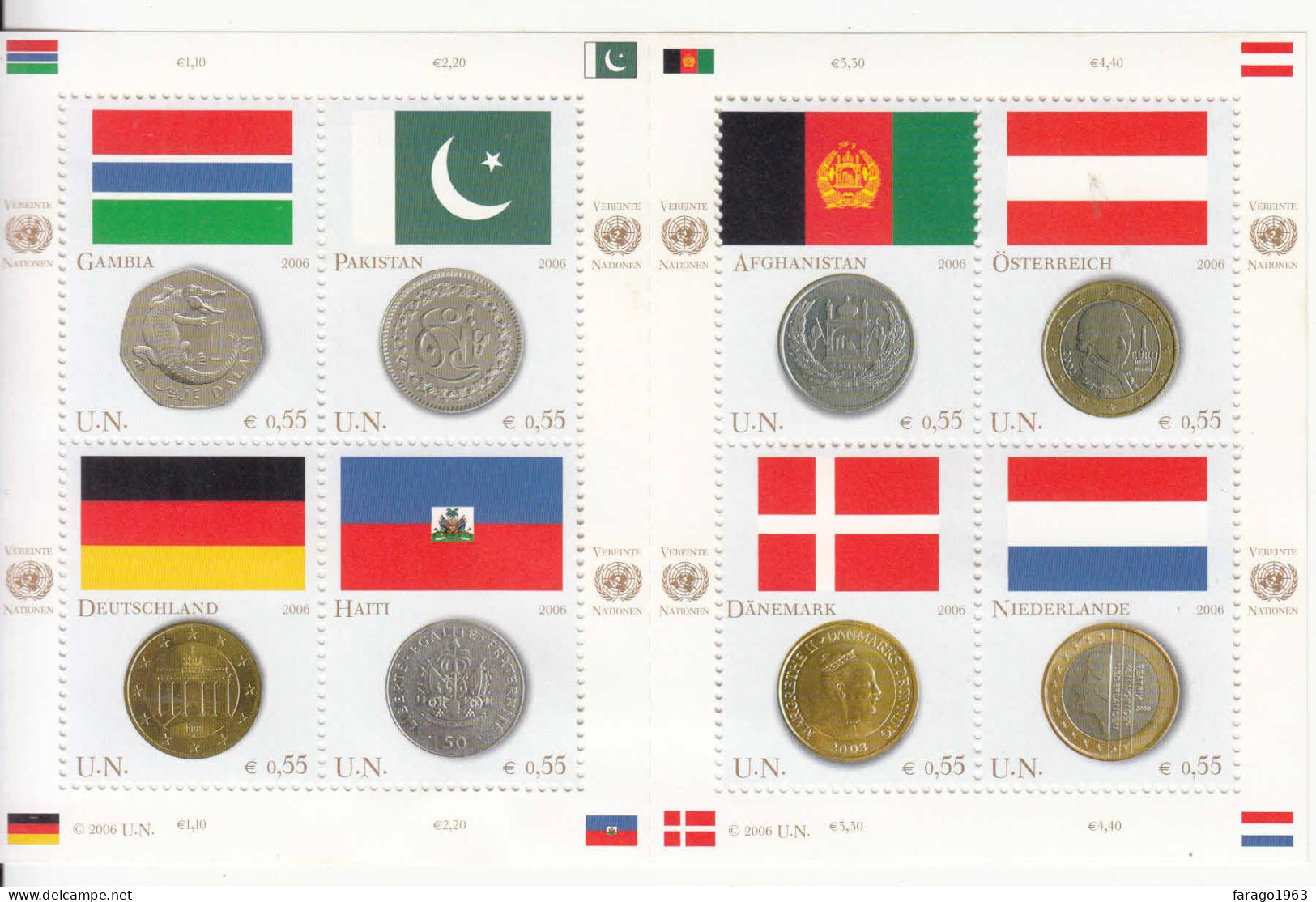 2006  United Nations Vienna Flags & Coins Pakistan Germany Netherlands Miniature Sheet Of 8 MNH @ BELOW FACE VALUE - Ungebraucht