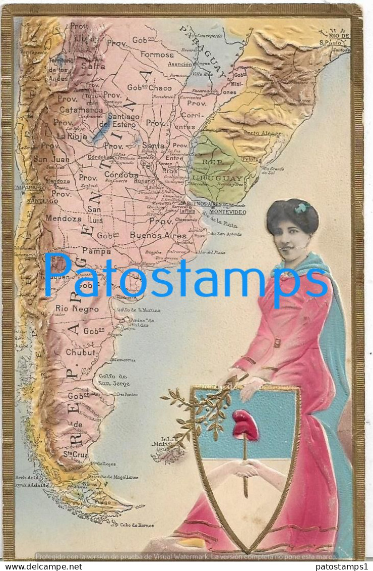 227163 ARGENTINA ART EMBOSSED MAP MAPA HERALDRY & FLAG POSTAL POSTCARD - Argentine