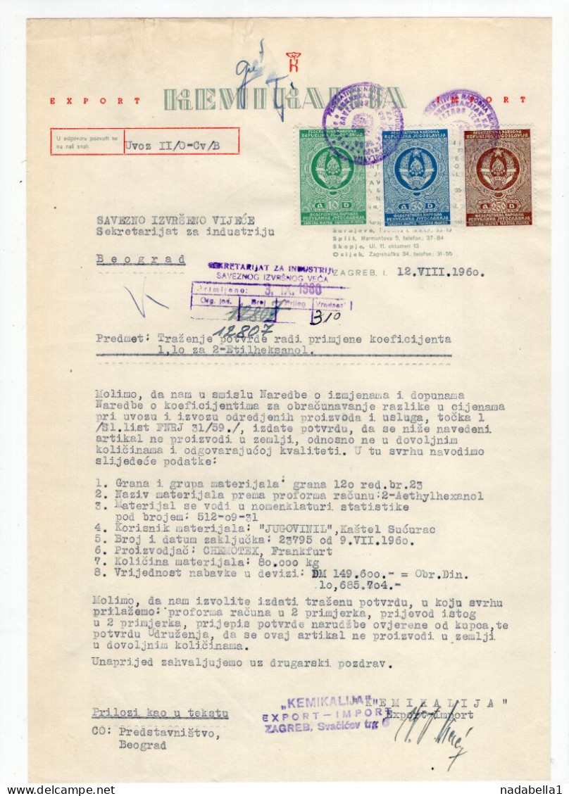 1960. YUGOSLAVIA,CROATIA,ZAGREB,KEMIKALIJA,EXPORT IMPORT,LETTER TO MINISTRY ON LETTERHEAD,3 REVENUE STAMPS - Storia Postale