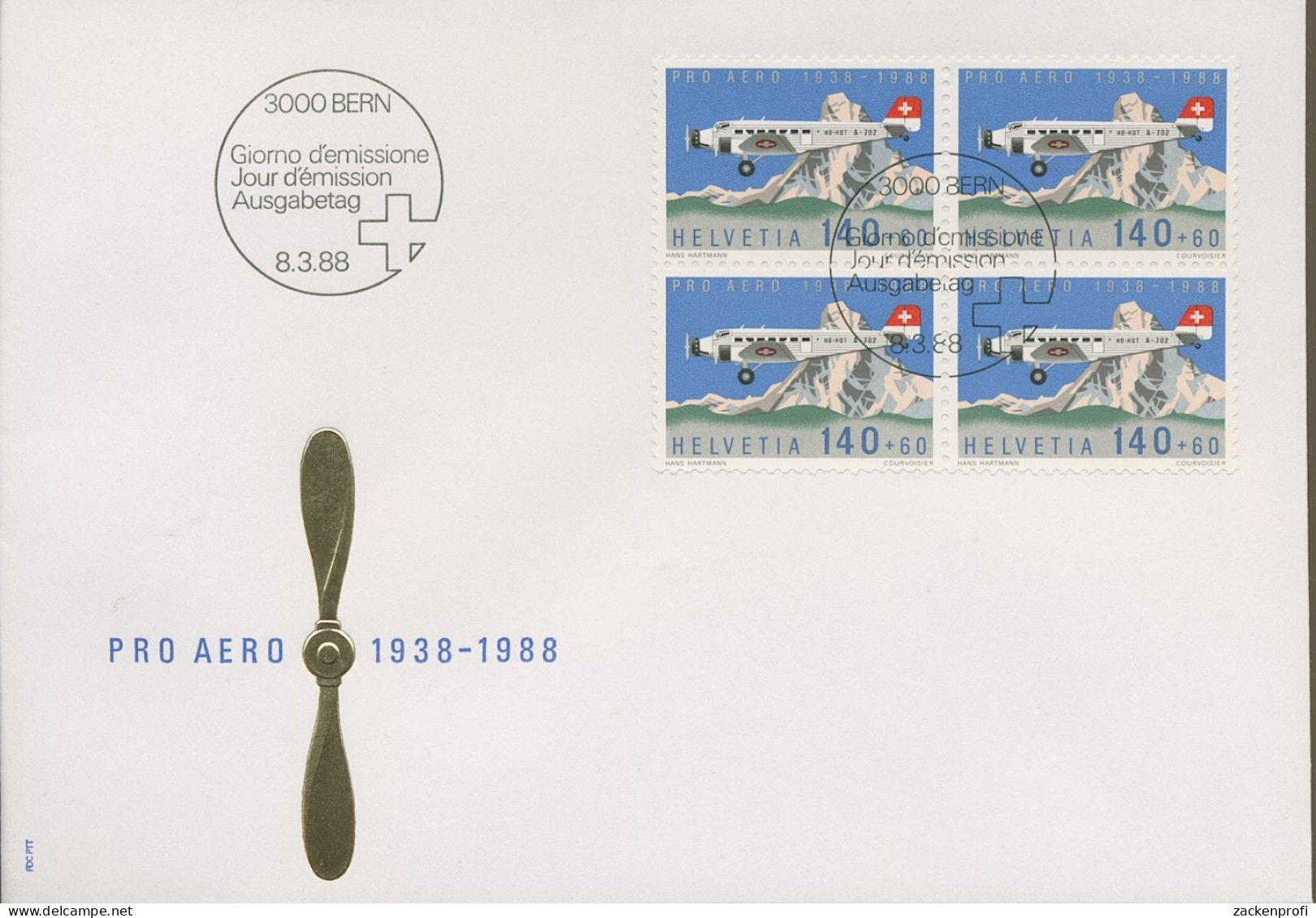 Schweiz 1988 99 50 Jahre Stiftung PRO Aero 4er-block 1369 FDC (X16638) - FDC