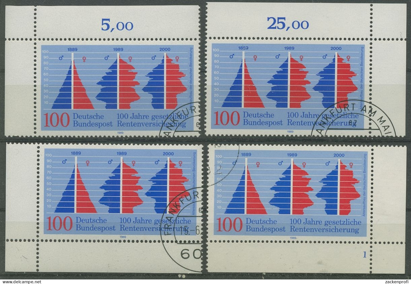 Bund 1989 100 J. Gesetzl. Rentenversicherung 1426 Alle 4 Ecken Gestempelt (E684) - Usados