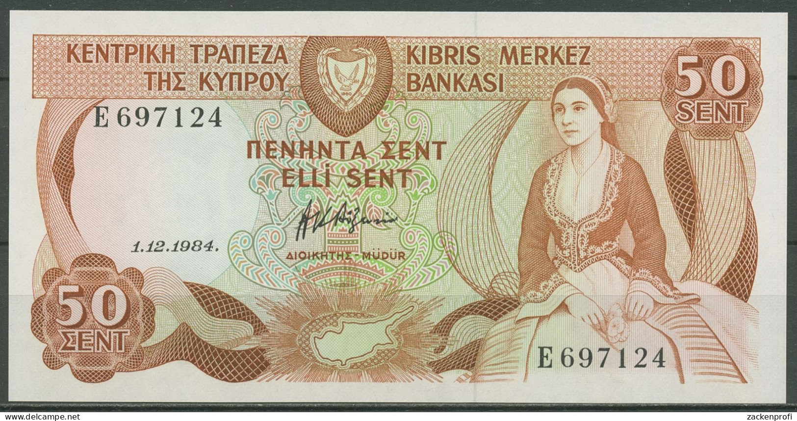 Zypern 50 Cents 1984, Frau, Staudamm, KM 49 A, Kassenfrisch (K581) - Chipre