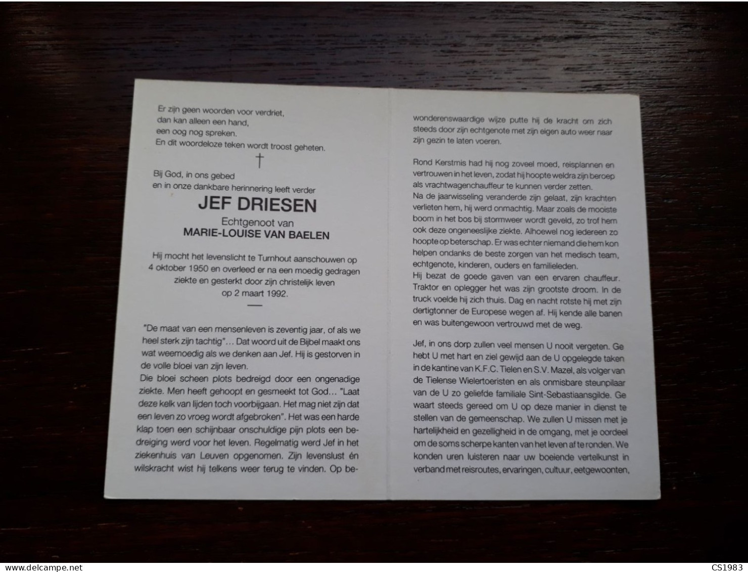 Jef Driesen ° Turnhout 1950 + Turnhout 1992 X Marie-Louise Van Baelen - Obituary Notices