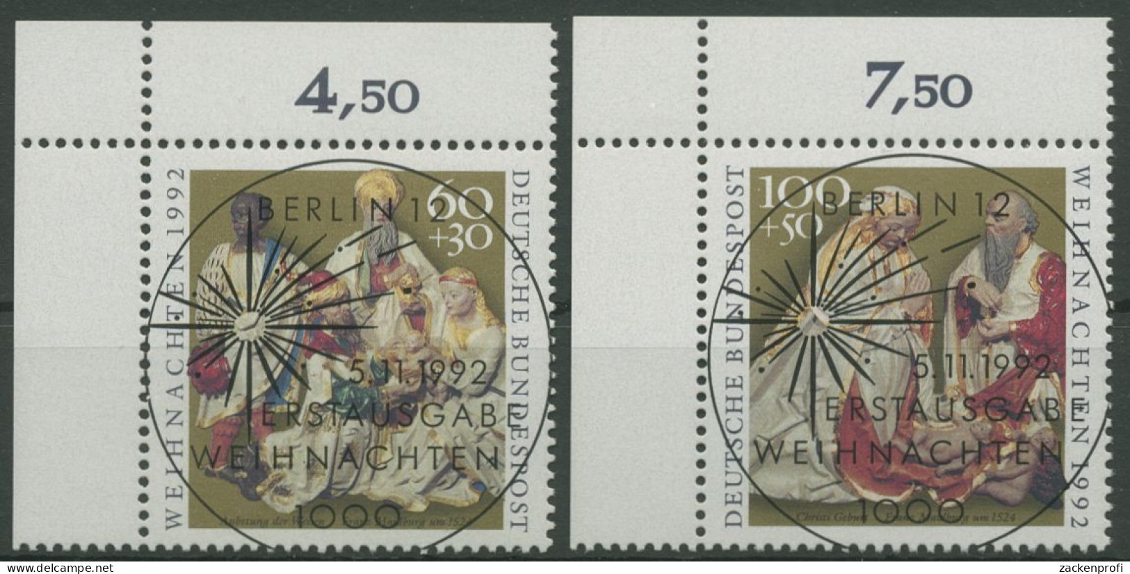 Bund 1992 Weihnachten Relief 1639/40 Ecke 1 Mit TOP ESST Berlin (E2064) - Used Stamps