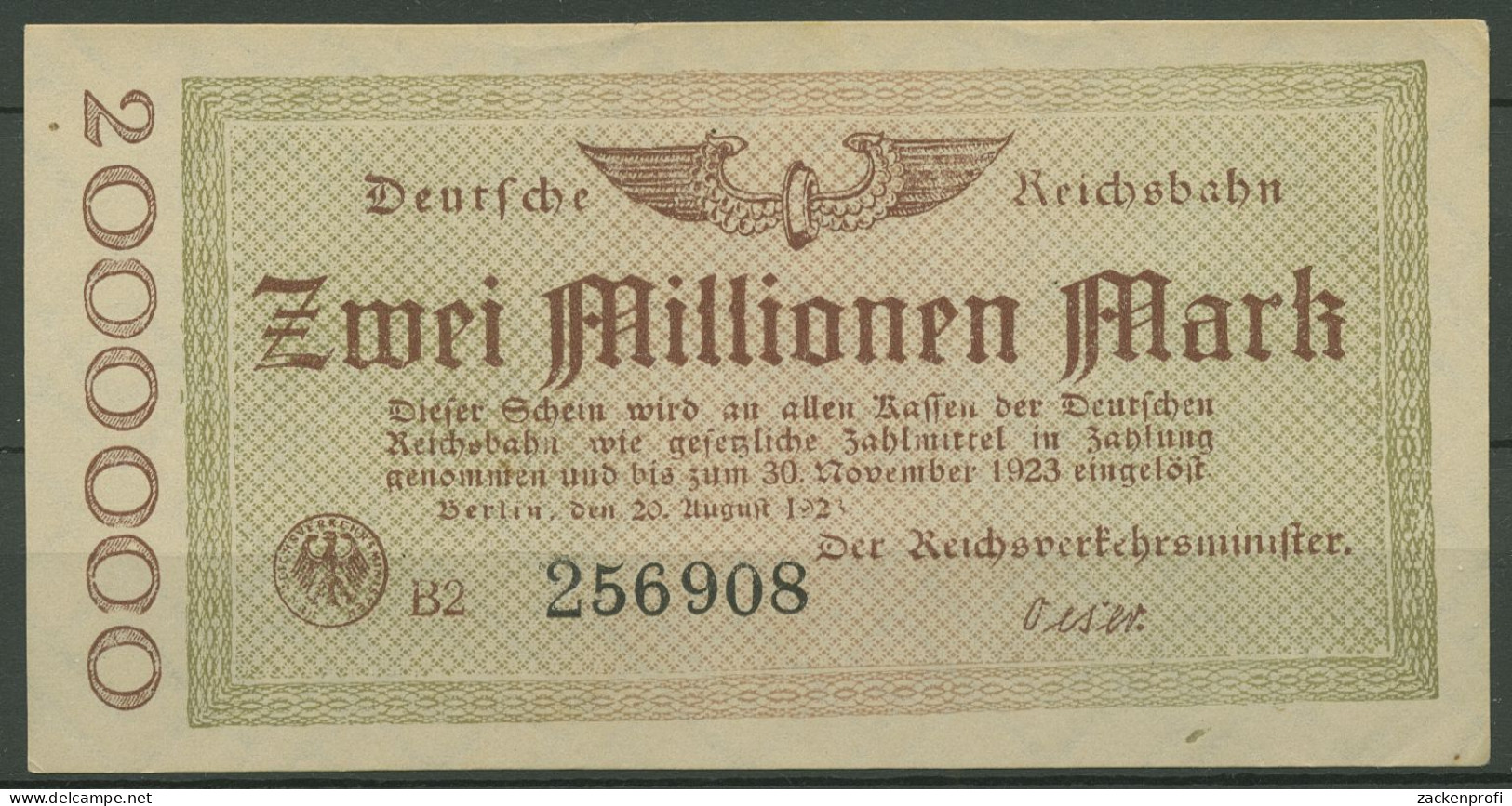 Deutsche Reichsbahn Berlin 2 Mio Mark 1923, Serie B, Fast Kassenfrisch (K1077) - Otros & Sin Clasificación