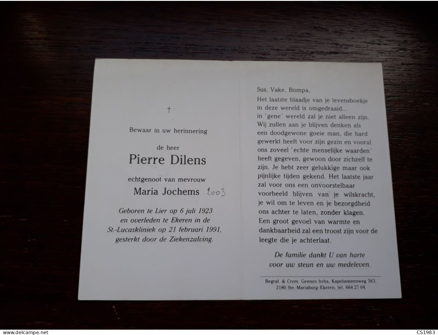 Pierre Dilens ° Lier 1923 + Ekeren 1991 X Maria Jochems - Obituary Notices