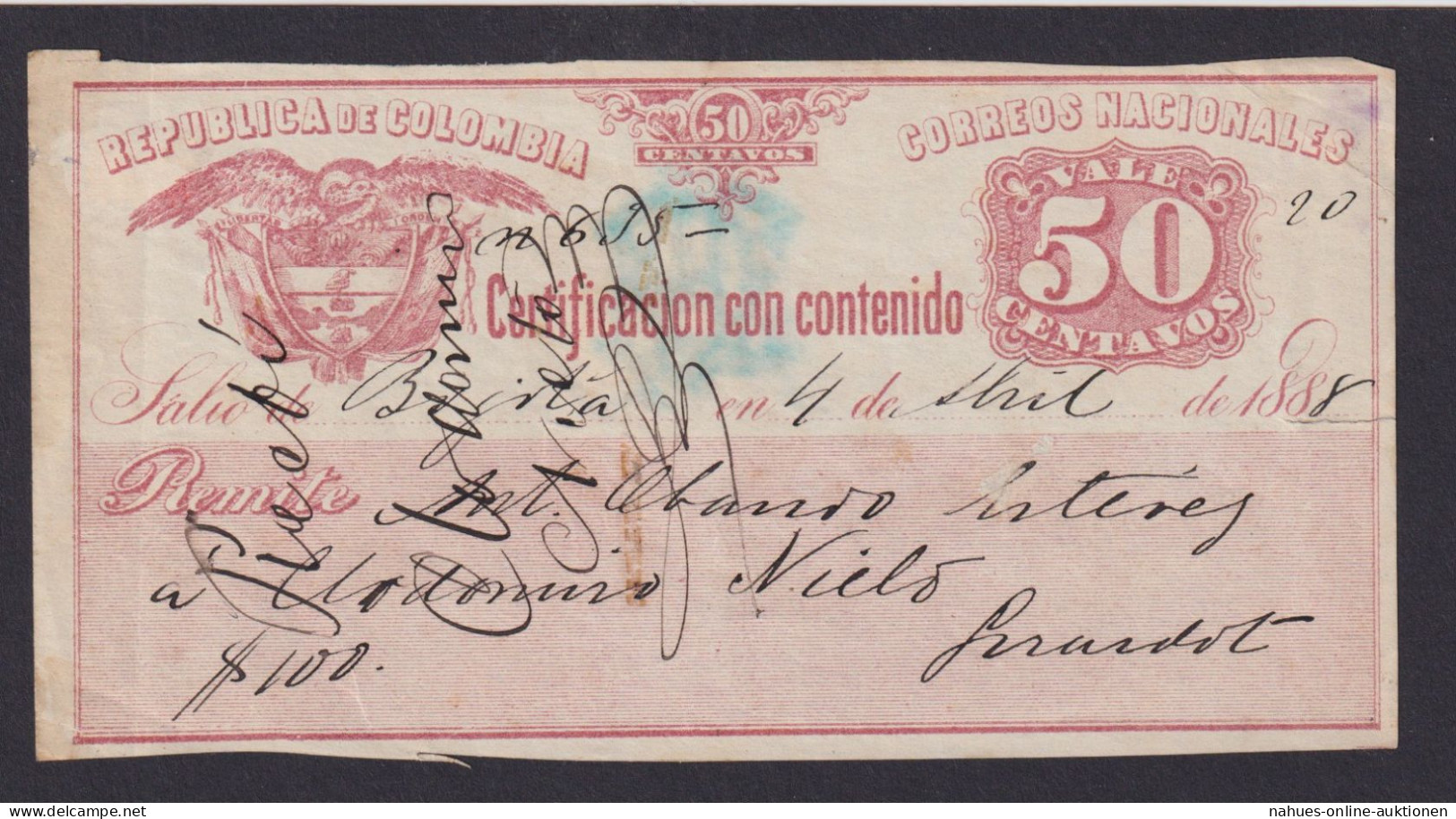 Colombia Kolumbien Südamerika Geldbrief - Versicherungsschein 50 Cetavos V. 1888 - Colombie