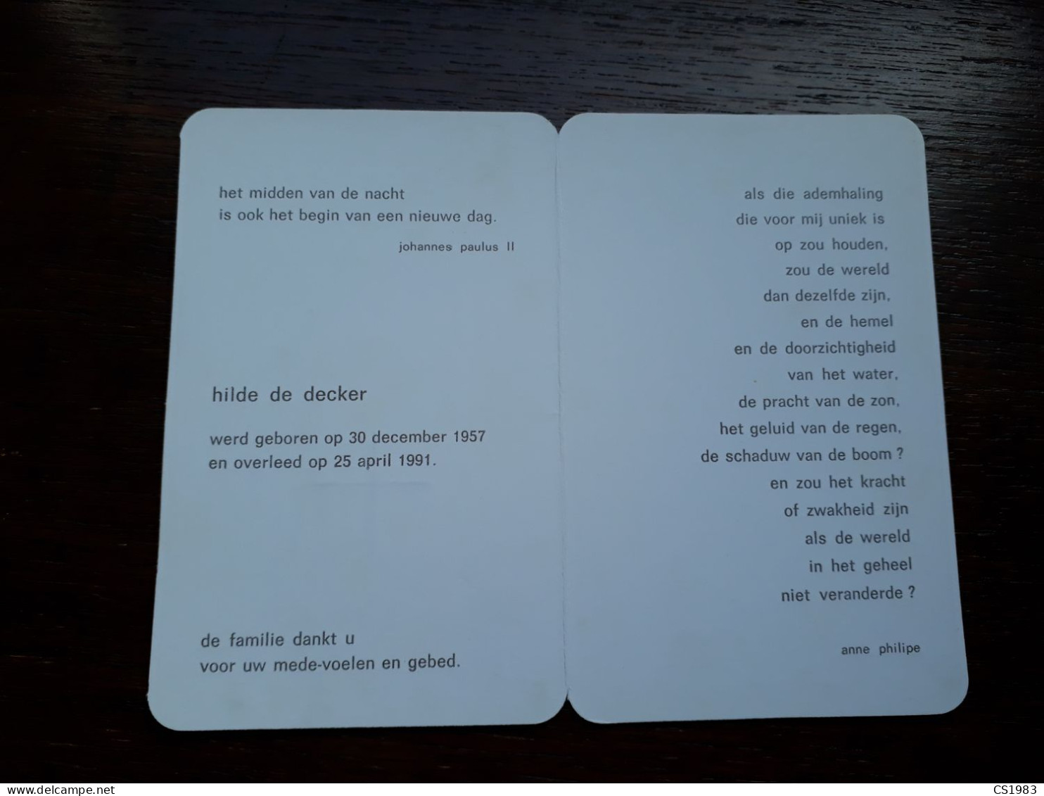 Hilde De Decker ° 1957 + 1991 - Obituary Notices