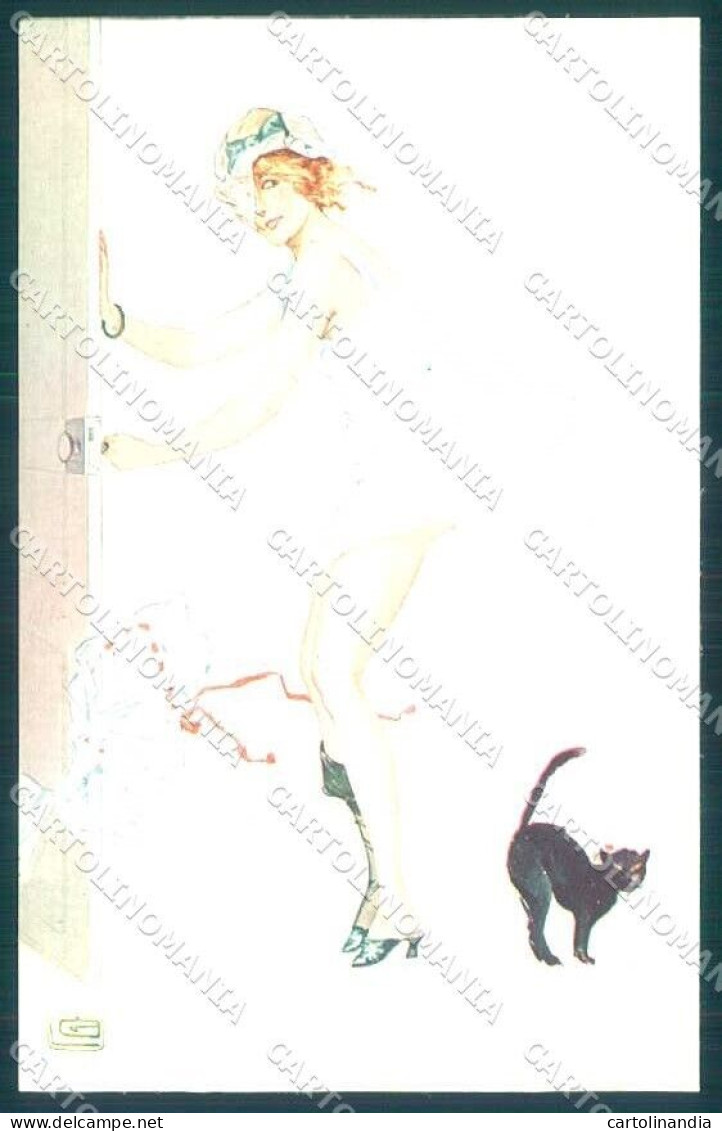 Artist Signed Leonnec Risque Lady Coups De Vent Black Cat Serie 13-62 Pc VK9394 - Autres & Non Classés