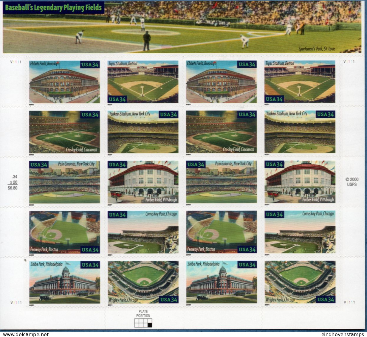 USA 2001 Baseball Stadiums, Foil Sheet 2*10 Values MNH Brooklyn, Detroit, Cincinnati, New York, Pittsburgh, Chicago, - Base-Ball