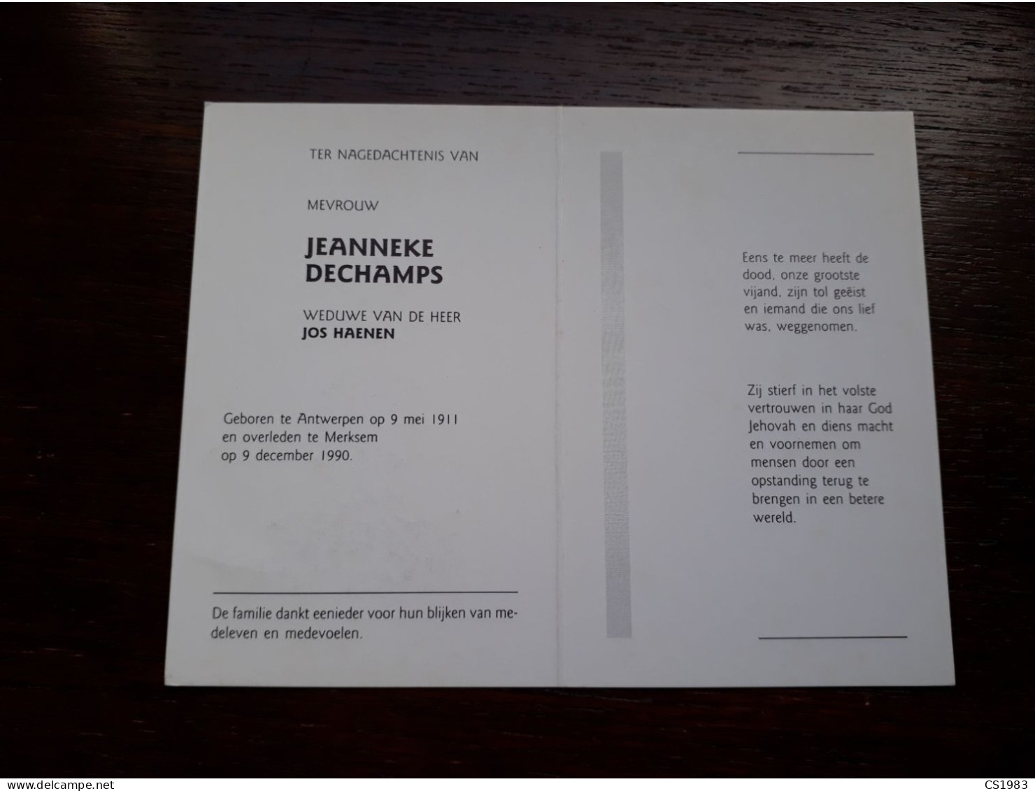 Jeanneke Dechamps ° Antwerpen 1911 + Merksem 1990 X Jos Haenen - Obituary Notices