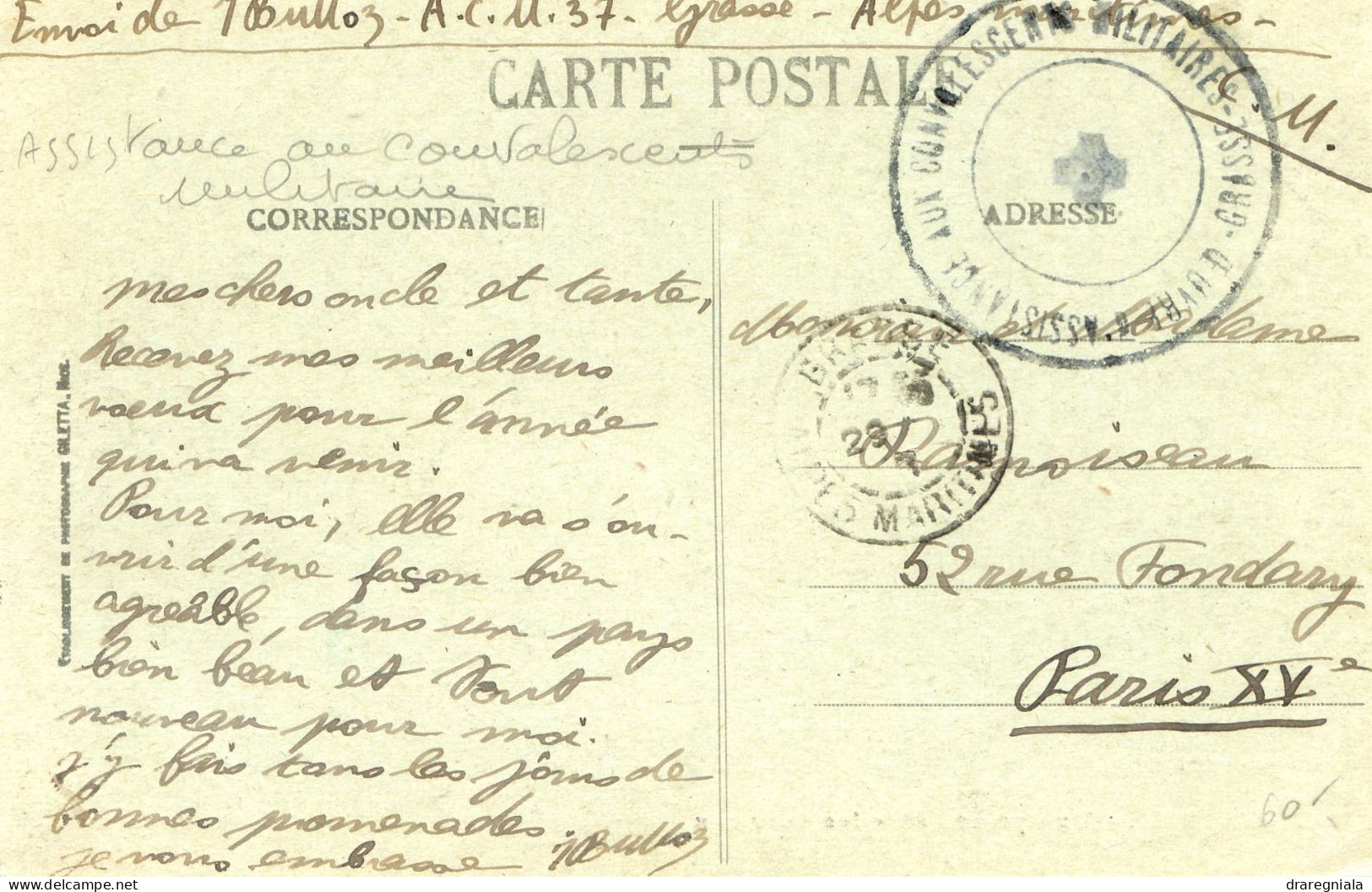 Cpa - Grasse - Vue Prise Entre Les Oliviers- Cachet Oeuvre D'assistance Aux Convalescents Militaires - Military Postmarks From 1900 (out Of Wars Periods)