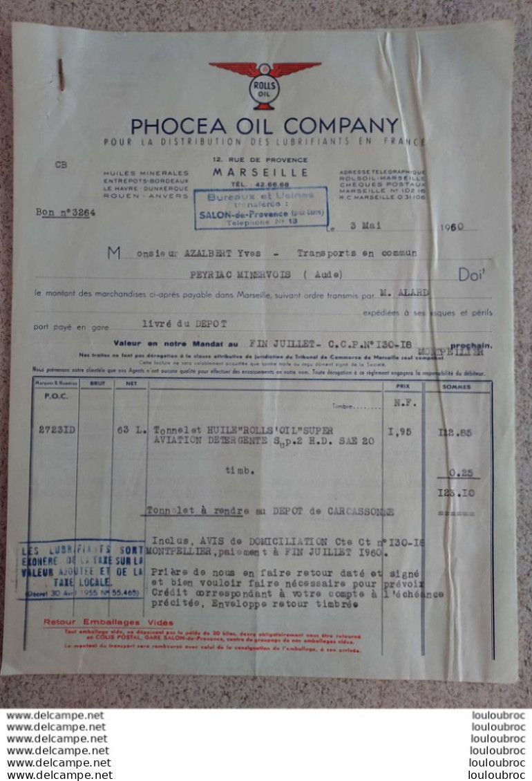 PHOCEA OIL COMPANY 12 RUE DE PROVENCE A MARSEILLE  HUILE ROLLS OIL1960 - 1950 - ...