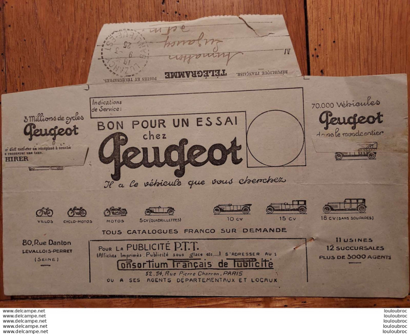 PUBLICITE PEUGEOT SUR TELEGRAMME  De 1925 Pour LUZANCY - Publicités