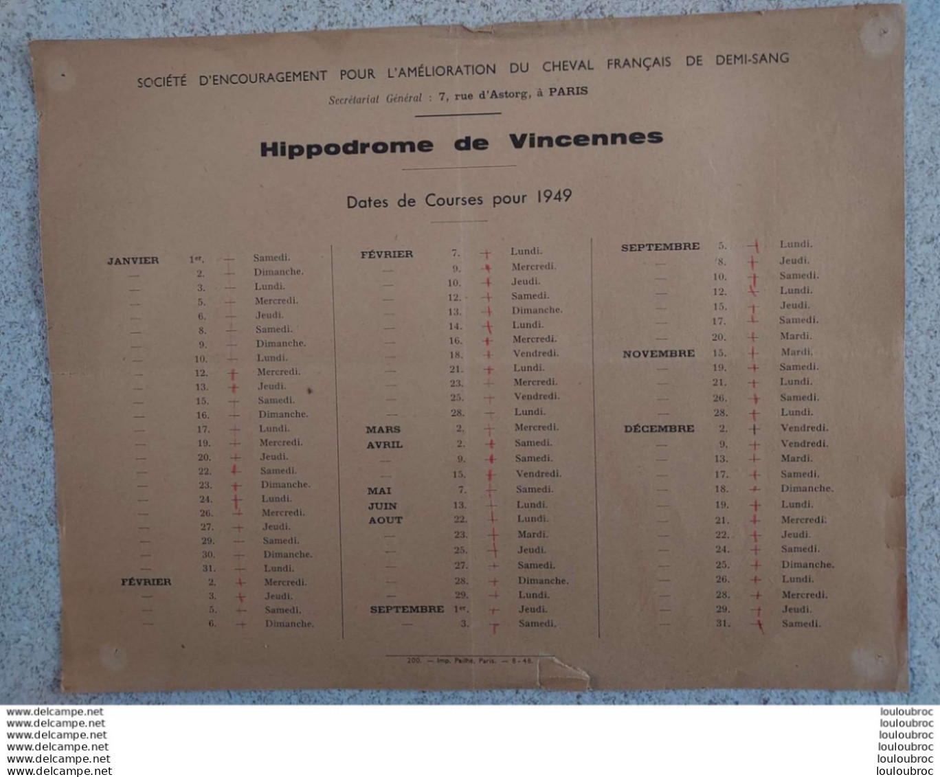 HIPPODROME DE VINCENNES DATES PROGRAMME DE COURSES POUR 1949 - Werbung