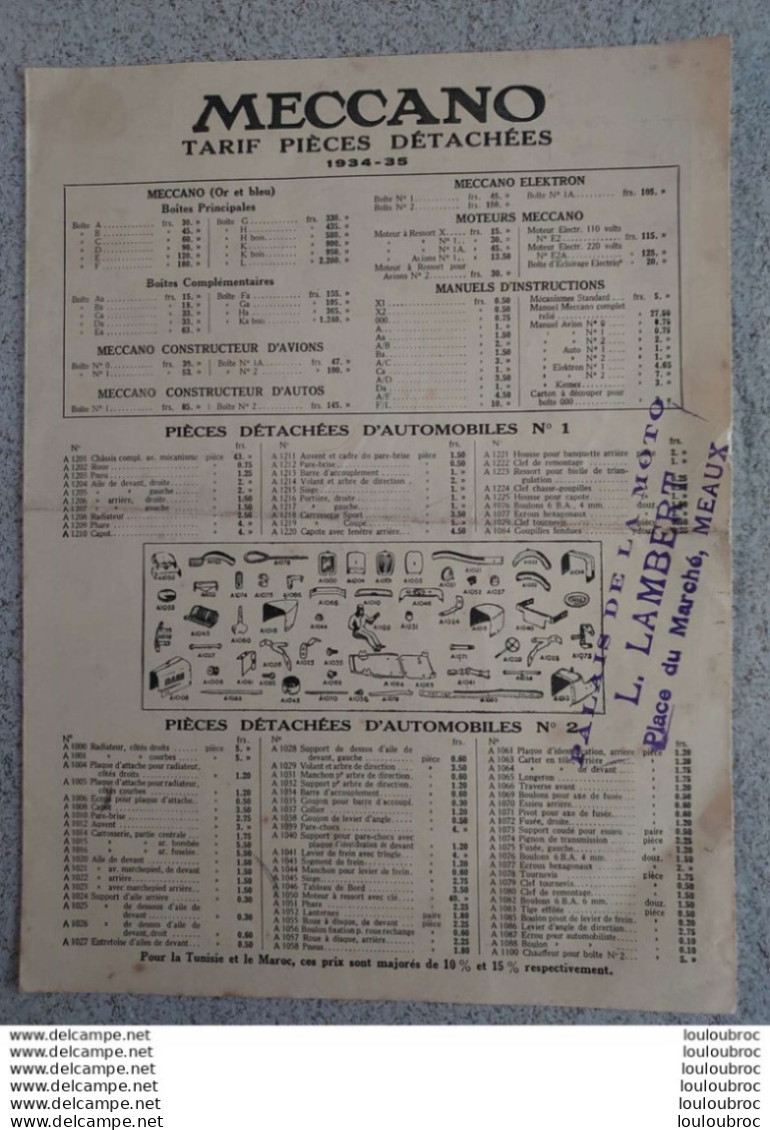 MECCANO TARIF PIECES DETACHEES 1934-1935  PALAIS DE LA MOTO L. LAMBERT PLACE DU MARCHE A MEAUX - Meccano