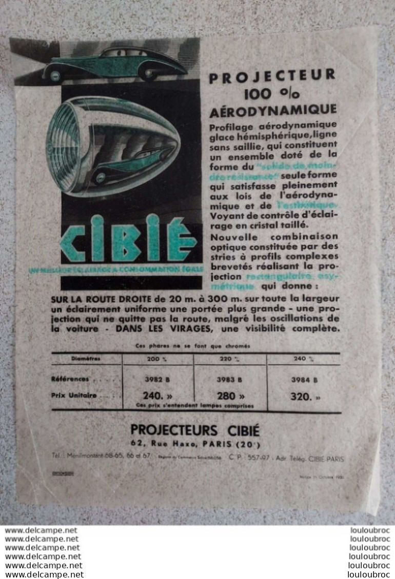 CIBIE PROJECTEUR 100% AERODYNAMIQUE REFERENCES ET TARIFS  PELURE PUBLICITAIRE 26 X 21 CM - Werbung