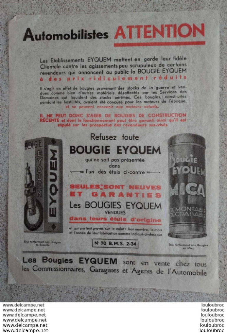 BOUGIE EYQUEM AUTOMOBILISTES ATTENTION PELURE PUBLICITAIRE 26 X 21 CM - Publicidad