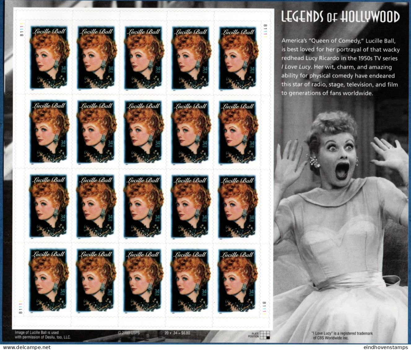 USA 2001 Lucy Ball Fullsheet 210 Values MNH Hollywood Actress, Film Actor - Famous Ladies