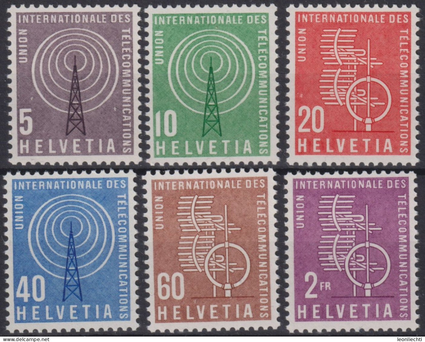 1958 CH / Dienstmarke UIT ** Mi:CH-UIT 1-6, Yt:CH S393-398, Zum:CH-UIT 1-6, 100 Jahre Internationale Fernmeldeunion - Dienstzegels