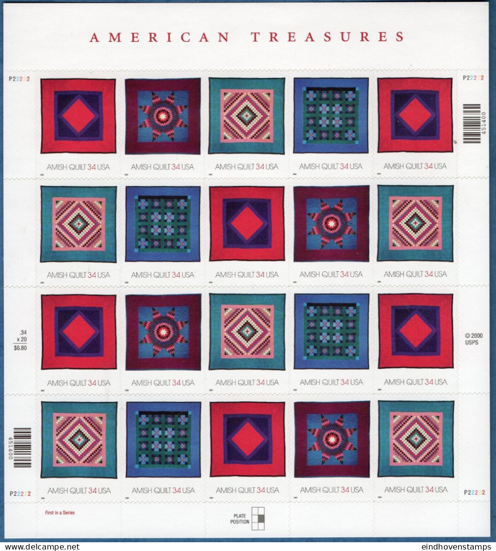 USA 2001 American Folk Artl Fullsheet 5*4 Values MNH Amish Quilt, Multi Layered Textile - Other & Unclassified