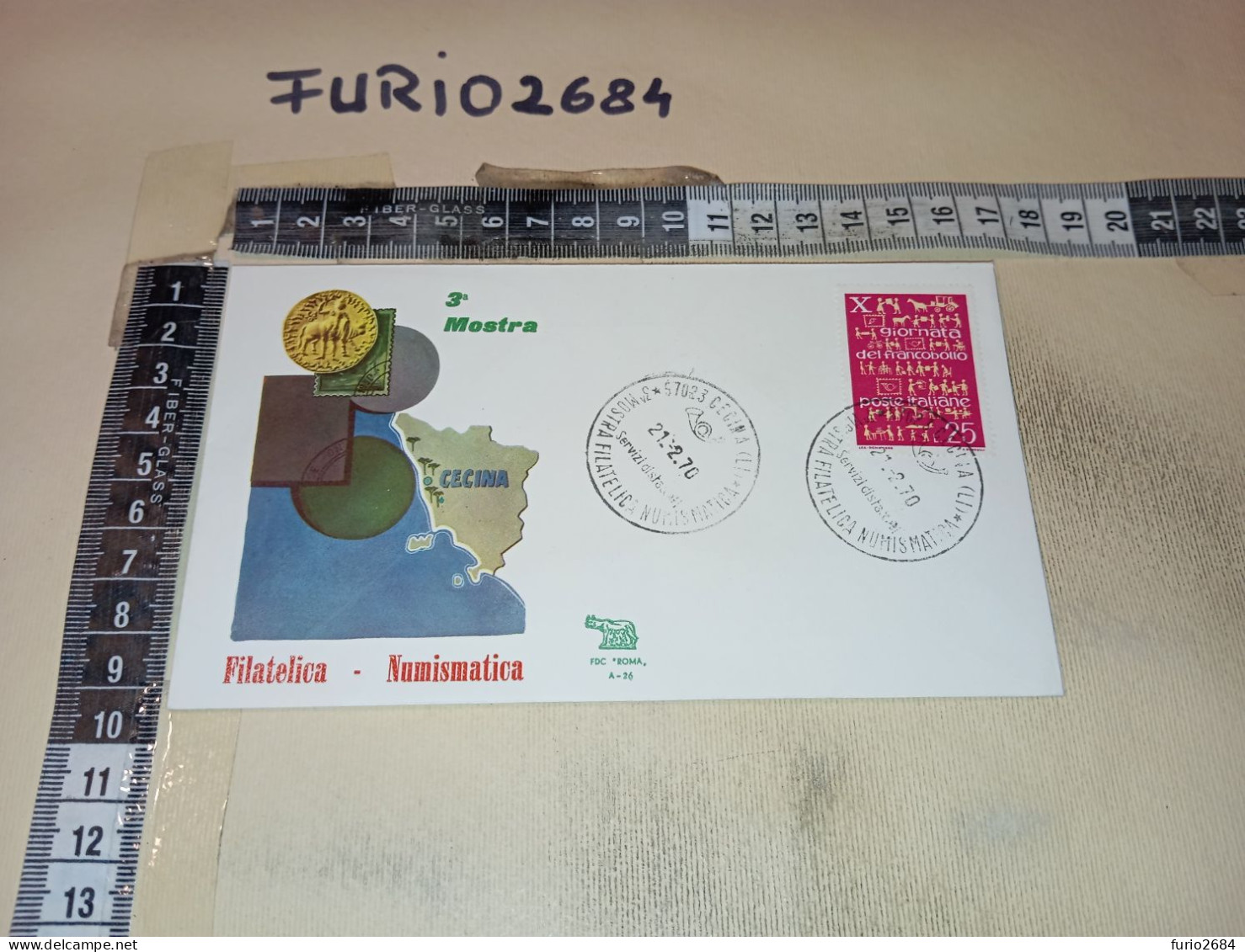 HB12700 FDC ROMA TIMBRO ANNULLO CECINA 1970 3° MOSTRA FILATELICA NUMISMATICA - FDC