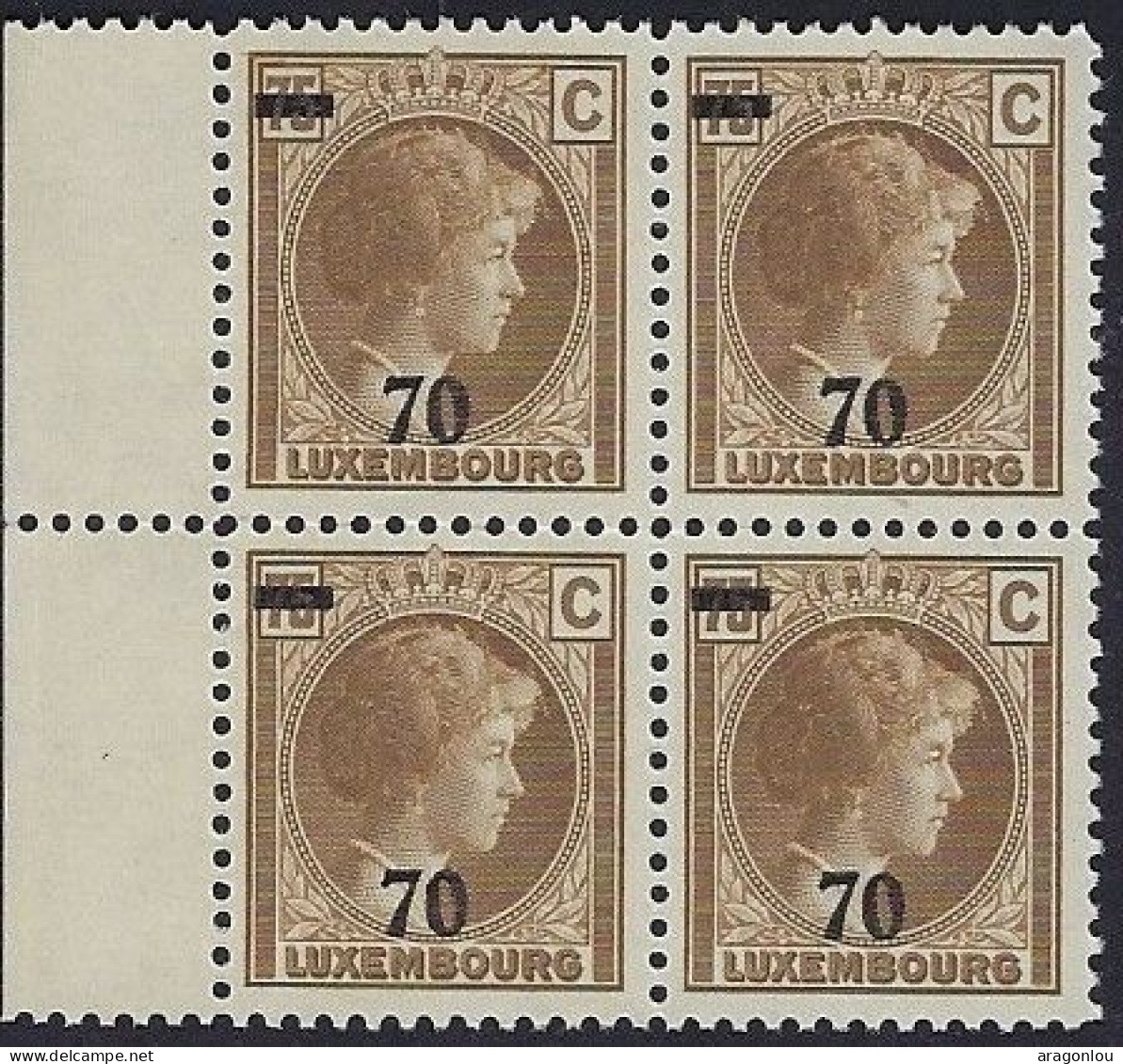 Luxembourg - Luxemburg - Timbres - Bloc à 4  70 75c.   MNH**   VC.  128,-   Rare - 1926-39 Charlotte Rechtsprofil